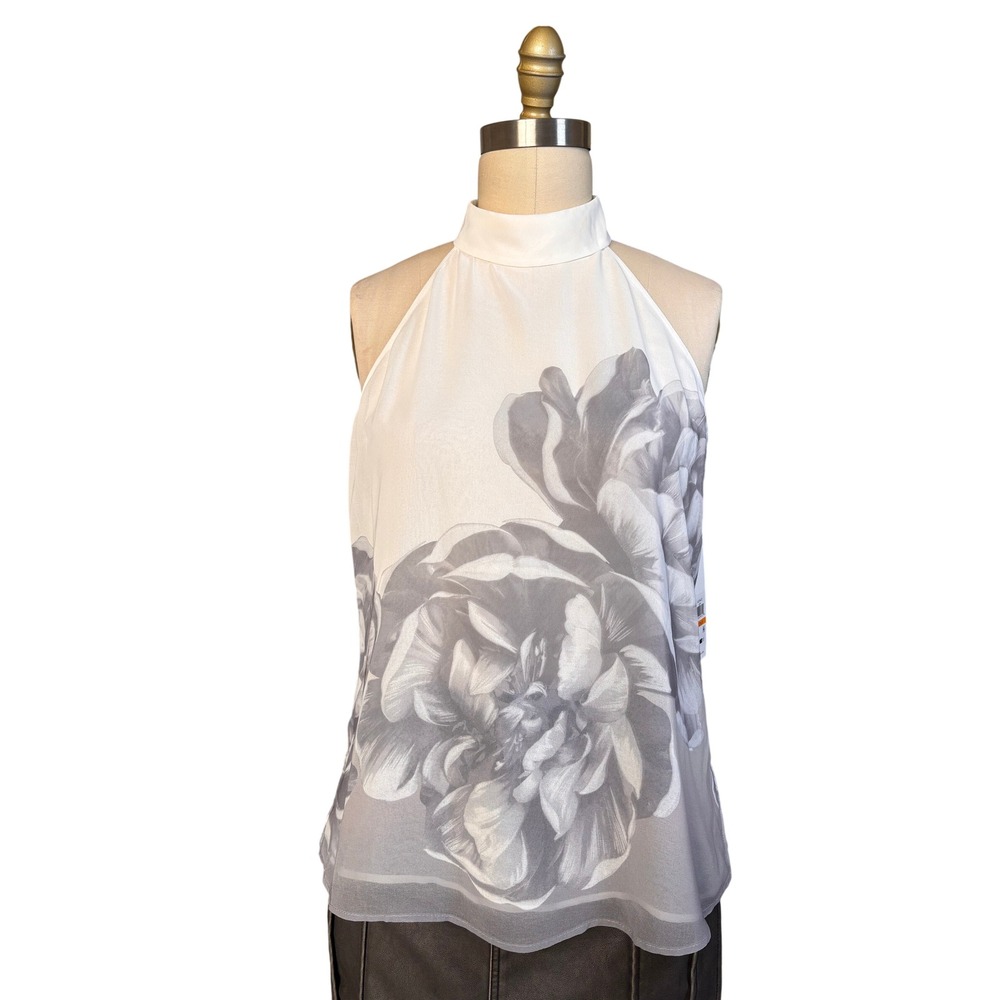 Floral Mock Neck Calvin Klein Halter Blouse Sleeveless Small White Grey